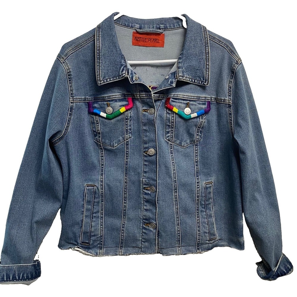 Native Pearl Women's Vintage Denim Jean Jacket Offended Rainbow Embroidery L-XL